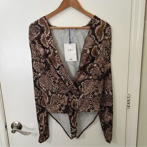 Zara | Women's Brown Snake Print Long Sleeve Bodysuit Top | Size Medium NWT